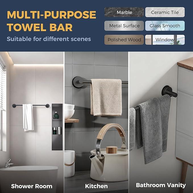 14.6inch~24inch Towel Racks for Bathroom,Adjustable Suction Cup Towel Bar for Bathroom Wall,Stainless Steel Bath Towel Holder for Shower,2 Pack(Matte Black) - ModernBath