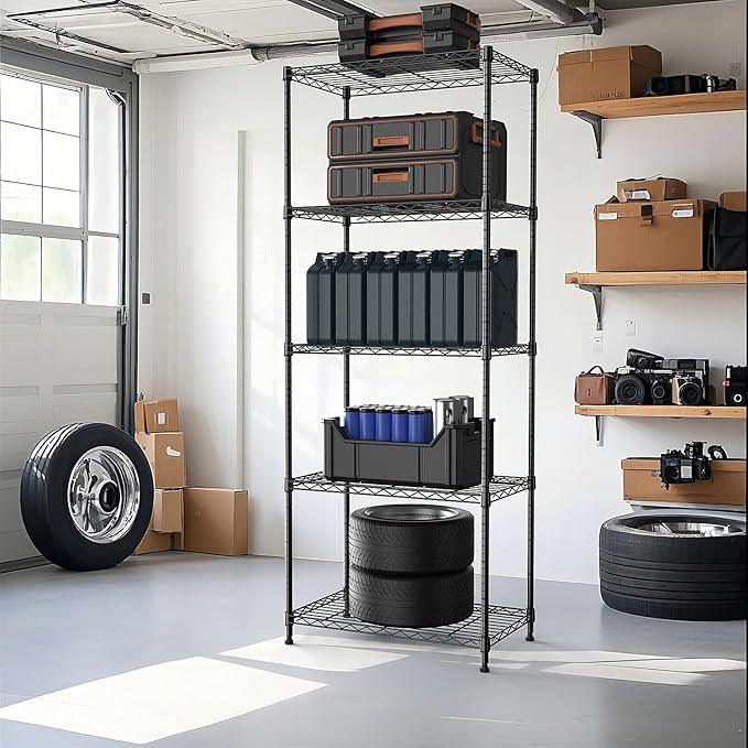 1250 lbs 5 Tier Shelf Metal Storage Shelves Wire Rack Closet Organizers with Wheel for Garage Kitchen Bathroom Laundry Black 13.7" D x 23.6" W x 62.4" H - ModernBath