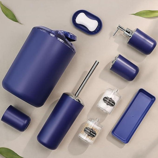 IMAVO Bathroom Accessories Set,Navy Blue Bathroom Set,9 Pieces Bathroom Accessory Set,Tray,Qtip Holders,Toilet Brush,Trash Can for Bathroom Décor and Home Gifts - ModernBath