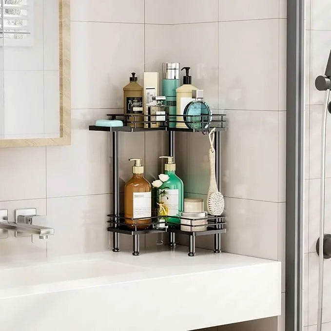 HapiRm Corner Shower Caddy Standing - 2 Tier Shower Organizer Corner with Soap Holder, Rustproof Bathroom Standing Organizer with 2 Hooks, Black - ModernBath