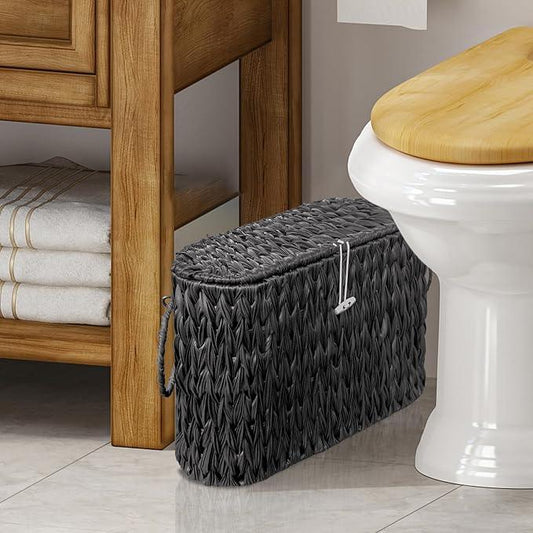 Black Toilet Paper Basket with Lid,Wicker Toilet Paper Storage Stand,Large Narrow Bathroom Towel Basket Mega Roll Container Bin for Toilet Tank,Floor - ModernBath