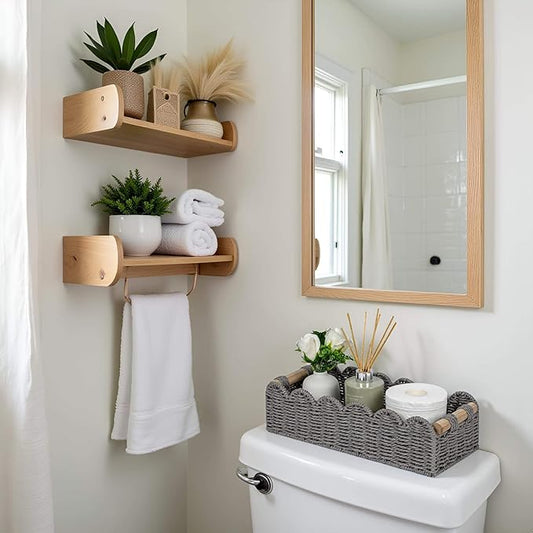 CubesLand Scalloped Edge Toilet Paper Storage Basket, Living Room Home Cozy Decor Basket, Paper Rope Small Baskets for Over Toilet Storage Shelf, End Table, Shelves, with 2 Wooden Handles, Grey