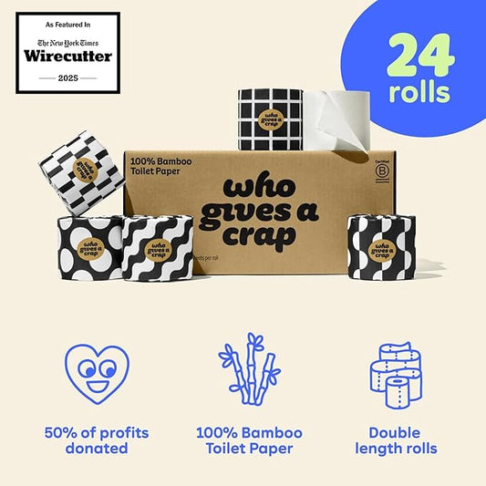 Who Gives A Crap 100% Bamboo Toilet Paper, 24 Rolls, 3 Ply, 330 Sheets, Long, Strong & Soft Toilet Tissue, Renewable, Tree Free Bathroom Tissue Made with Bamboo Fibers