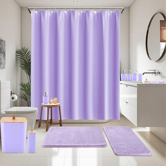 XLHOMO Bathroom Sets with Shower Curtain and Rugs, 27PCS Purple Bathroom Accessories Set with Trash Can, Purple Shower Curtain Set, No Slip Super Absorbent Bathroom Rugs - ModernBath