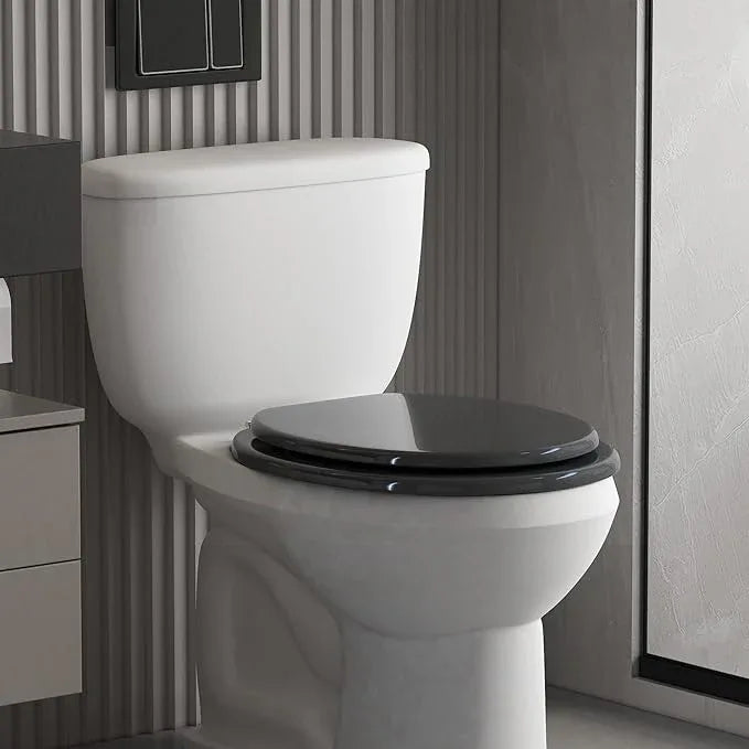BLOFDE Round Toilet Seat Wood Toilet Seat Prevent Shifting with Zinc Alloy Hinges American Standard Size Toilet Seat Easy to Install also Easy to Clean(Round,Sparkling Black) - ModernBath