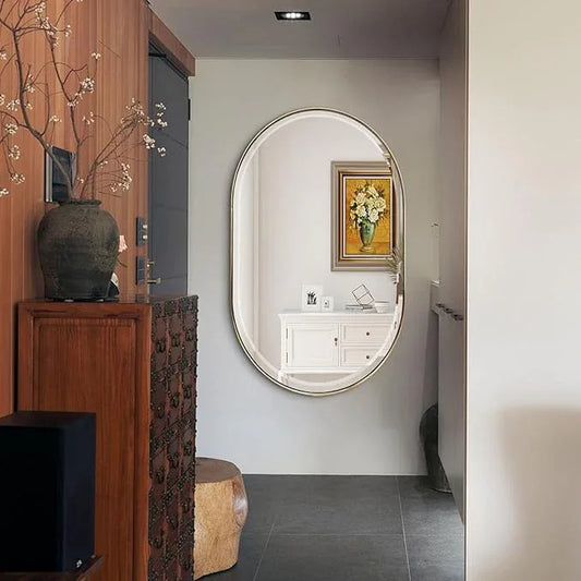 POZINO Gold Oval Mirror, Brass Beveled Mirror with Stainless Steel Frame, 28"x48" Large Rounded Rectangle Mirrors for Over Sink, Modern Oblong Vanity Wall Mirrors for Bathroom Bedroom Living Room - ModernBath