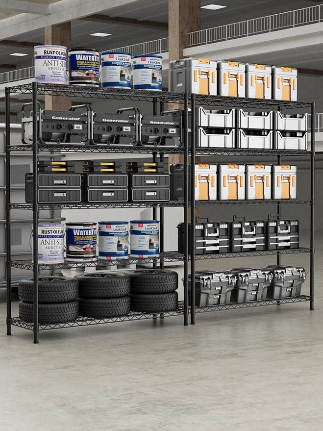 5 Tier Adjustable Storage Shelves Heavy Duty Metal Utility Shelf 1750LBS Capacity Wire Shelving Unit Organizer Rack for Home Kitchen Garage Pantry Room 18" D x 46" W x 77" H Black - ModernBath