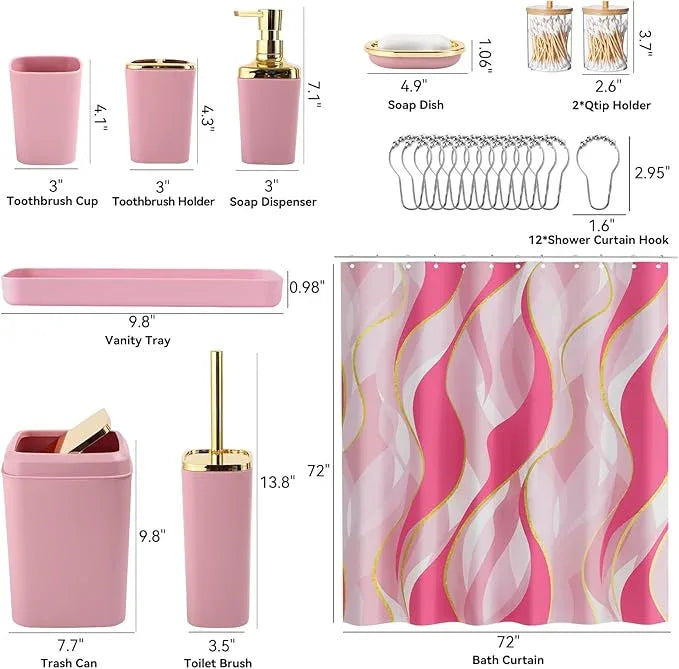 XLHOMO Pink Bathroom Set, Bathroom Sets with Stripe Shower Curtain, Pink and Gold Bathroom Accessories with Trash Can, Soap Dispenser, Soap Dish, Toilet Brush Holder, Qtip Holders for Bathroom - ModernBath
