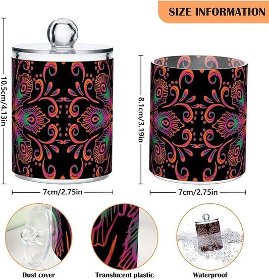 Tatenale Qtip Holder Bathroom Set Q tip Cotton Ball Swab Pad Dispenser Container Organizer Plastic Jars with Lids Storage 2Pack Ethnic Feathers Mandala Black - ModernBath