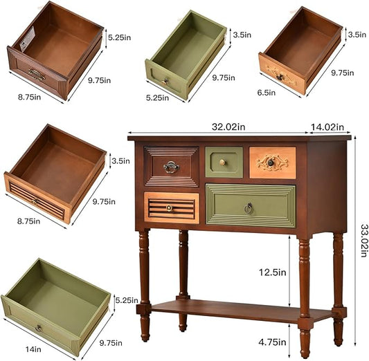 Vintage Accent Cabinet with 5 Drawers and Open Shelf, Multi-Tone Console Table with Turned Wood Legs, Mid-Century Entryway Table for Hallway or Living Room