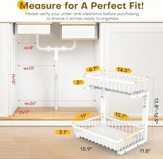 Under Sink Organizer, 2 Tier Pull Out Under-sink Shelves, Adjustable Height (13.8" -16.9"), Sturdy Metal Storage Organizer for Bathroom Kitchen Pantry Cabinet (2 Packs, White) - ModernBath