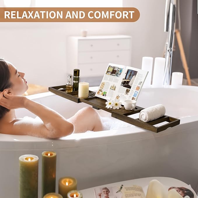 Luxury Teak Bathtub Tray - Foldable Bath Caddy with Expandable Handles, Wine Glass & Phone Holder, Book Stand - Enhance Home Spa Experience with Natural Material - Relaxing & Reading, Light Walnut