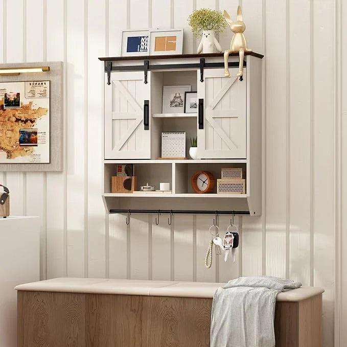 RUSTOWN Farmhouse Bathroom Wall Cabinet,3-Tier Rustic Wood Wall Mounted Cabinets,Vintage Medicine Cabinet with Sliding Barn Door and Adjustable Shelves,Over The Toilet Storage Cabinet (Vintage White) - ModernBath