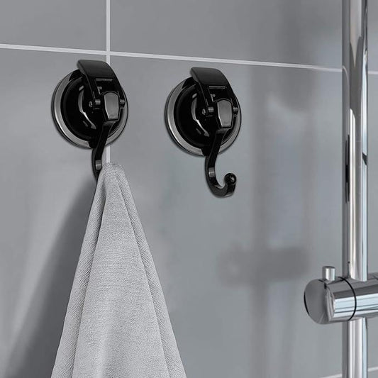 Heavy Duty Suction Cup Hooks for Shower, Bathroom Robe, Garland Decoration - Vacuum Glass Hooks, Reusable, No Hole Punched (Black, 4 Pack) - ModernBath