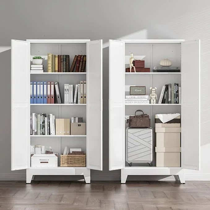 COFaR White Farmhouse Storage Kitchen Pantry Cabinet with 2 Barn Door, 3 Adjustable Shelves and Legs, for Cupboard/Dining Room/Bathroom/Living Room/Office/Laundry Room (White, 61" Farmhouse) - ModernBath