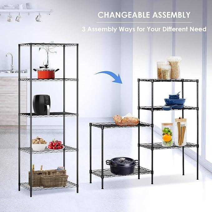 BNSPLY 5 Tier Wire Shelving Unit, Adjustable Wire Rack Shelving, Changeable Metal Wire Storage Shelves for Kitchen, Laundry, Bathroom, Balcony, Pantry (11.4" D x 21.3" W x 59" H, Black) - ModernBath