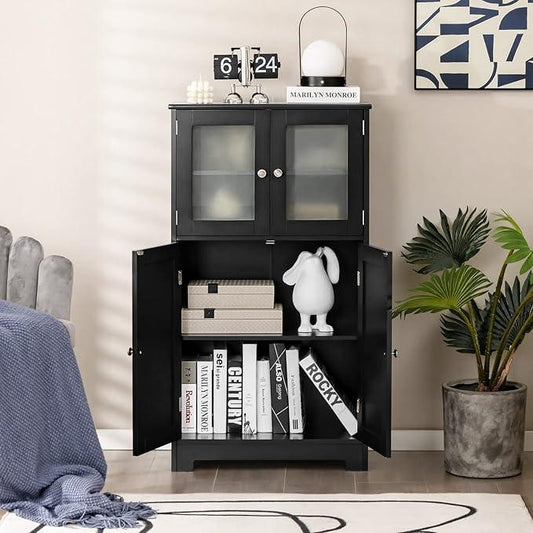 Tangkula Bathroom Floor Cabinet, Freestanding Storage Cabinet w/Glass Doors, Wood Kitchen Cupboard w/Adjustable Shelf, Bathroom Storage Cabinet for Hallway Living Room Office (Cabinets, Black) - ModernBath