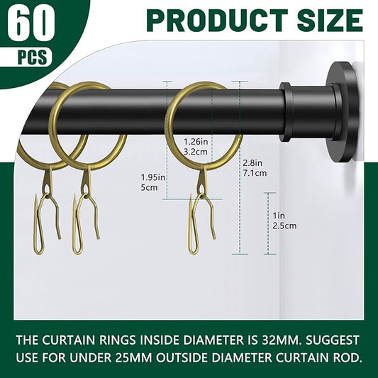 60Pcs Metal Curtain Rings and 60 Pcs Curtain Drapery Pin Hooks,Rubbed Bronze Curtain Hooks for Drapes,32mm Internal Diameter for Window, Shower Curtain
