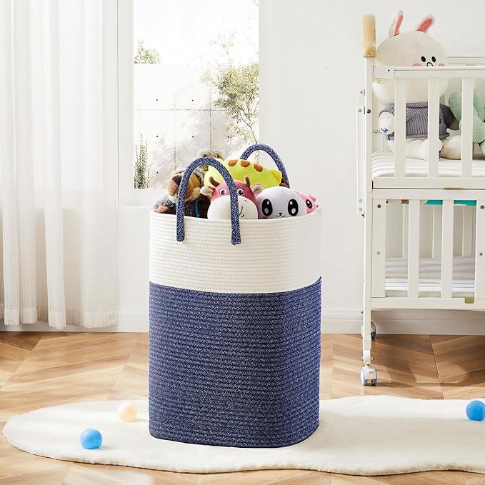 Laundry Basket,Woven Cotton Rope Laundry Hamper,Versatile Storage for Dirty Clothes,Baby Toys,and Blankets in Bathroom, Nursery,and Living Room (Blue, 80L) - ModernBath