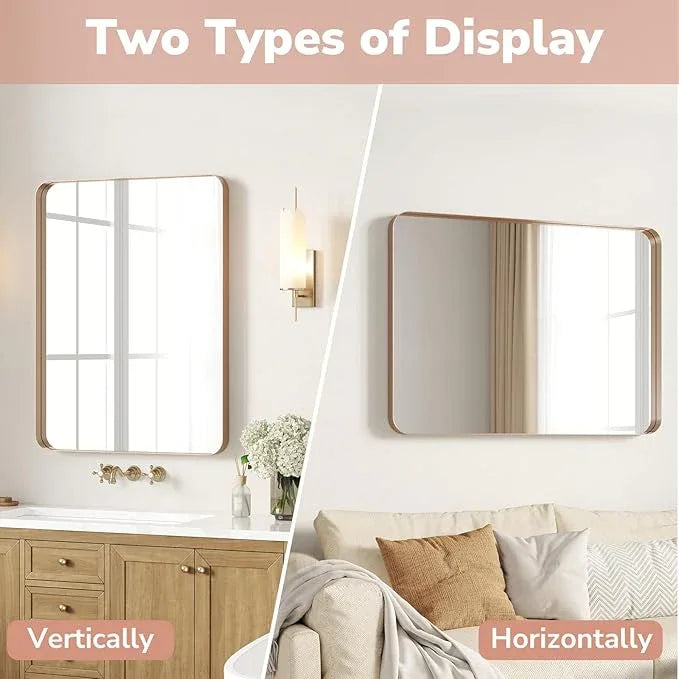 USHOWER Gold Bathroom Mirrors 24"x36" 2 Pack, Brushed Gold Rectangle Mirrors for Over Sink, Rounded Corner, Aluminum Frame, Anti-Rust, Tempered Glass, Horizontal or Vertical Mounted - ModernBath