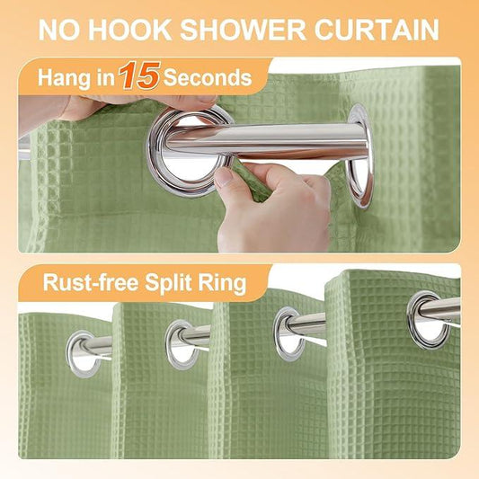 River Dream Sage Green Cotton Blend Shower Curtain with Snap in Liner, No Hook Shower Curtains for Bathroom, Hotel Grade, Water Repellent, 71" W x74 L - ModernBath