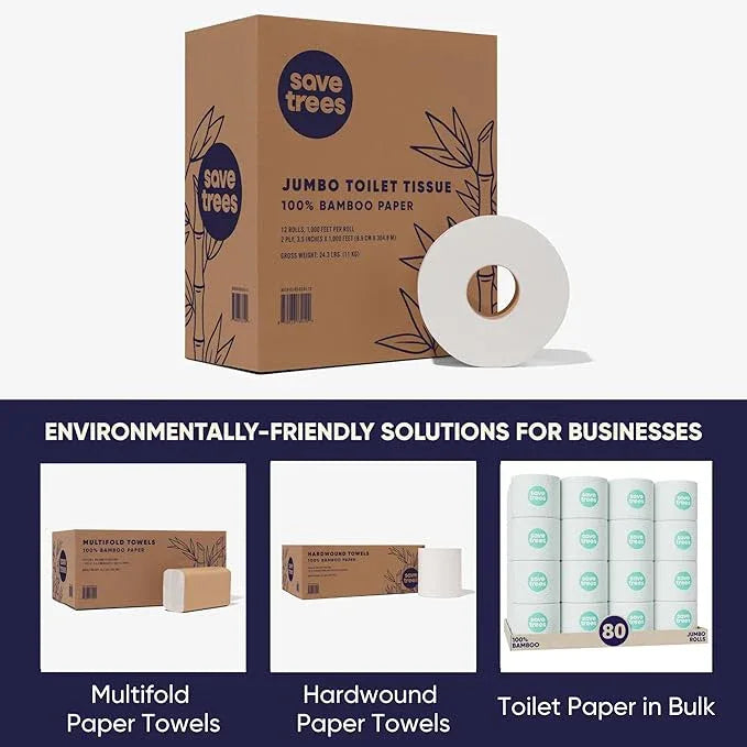 Save Trees Jumbo Toilet Paper Commercial Rolls - Bamboo, 12 Rolls per Case, 1000 Feet Non-Perforated, 2-ply, White, Bulk Toilet Paper for Commercial Dispensers - ModernBath
