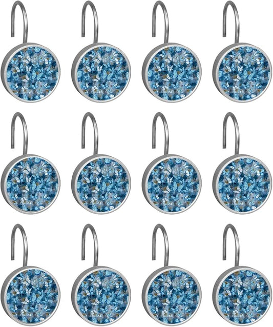 FVQL Shower Curtain Hooks Decorative, Set of 12, Stainless Steel Shower Curtain Rings, Floral Pattern Butterfly