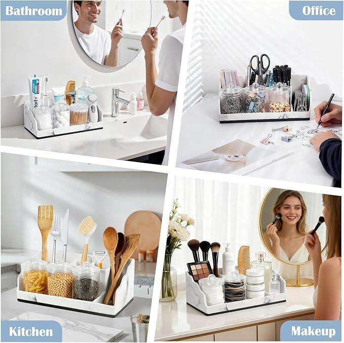 TuCao Bathroom Counter Organizer with 3PCS Qtip Holder, Marble Toothbrush Holders for Bathrooms, Bathroom Organizers and Storage with Drain Holes, Electric Toothbrush Holder, Vanity Organizer - ModernBath