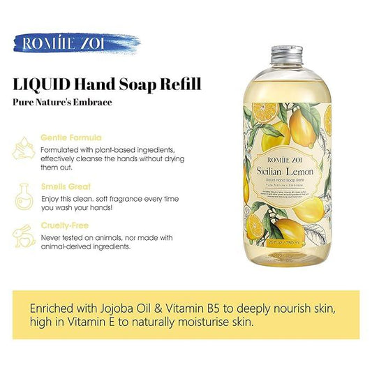 ROMIIE ZOI Liquid Hand Soap Refills, Lemon, Gentle & Moisturizing Formula, 750 ML/ 26 FL OZ - ModernBath