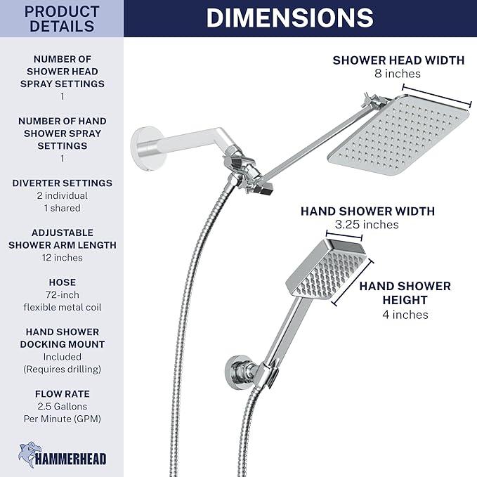 HammerHead® Solid Metal Dual Shower Head Combo — 8" Square Rain Shower Head with Handheld, 12" Adjustable Arm & Wall-Mount Holder for Flexible Installation — Chrome - ModernBath