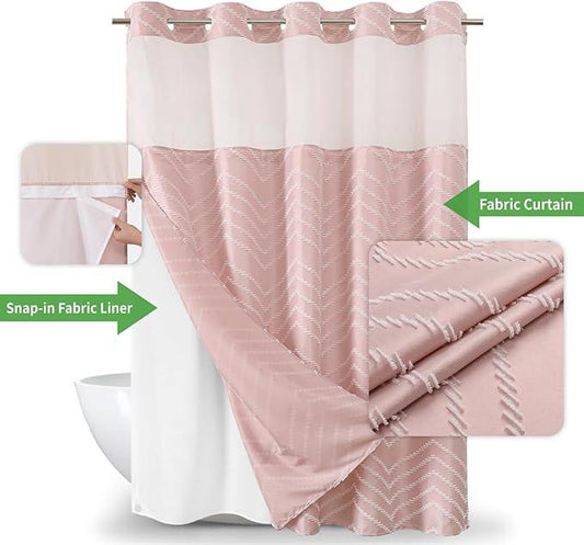 Blush Pink No Hook Shower Curtain with Snap-in Liner Set,Boho Modern Farmhouse White Tufted Chevron Striped Design,Woven Fabric Bathroom Curtain,71x74 - ModernBath