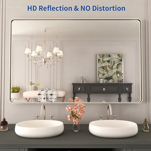 WEER 48X30 Inch Brushed Nickel Bathroom Mirror, Brushed Silver Metal Frame Mirror, Rounded Rectangle Silver Bathroom Vanity Mirror, Tempered Glass, Anti-Rust, Hangs Horizontally or Vertically - ModernBath