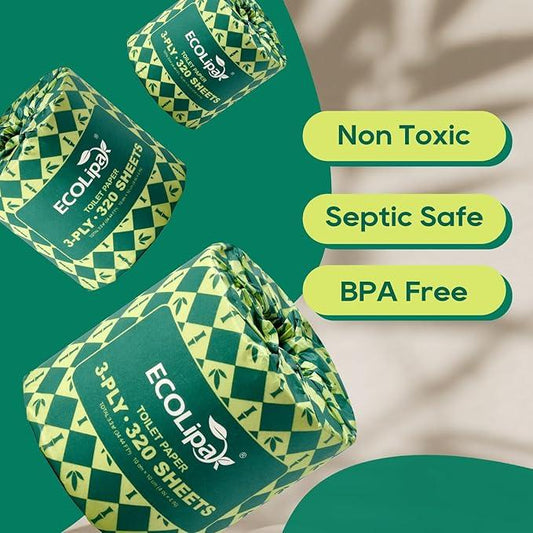 ECOLipak Bamboo Toilet Paper 3 Ply, Septic Safe Toilet Tissue, 12 Double Rolls, 320 Sheets Per Roll, Tree Free, Non Toxic, Soft and Absorbent, Eco Friendly Dye-Free Paper, Brown - ModernBath