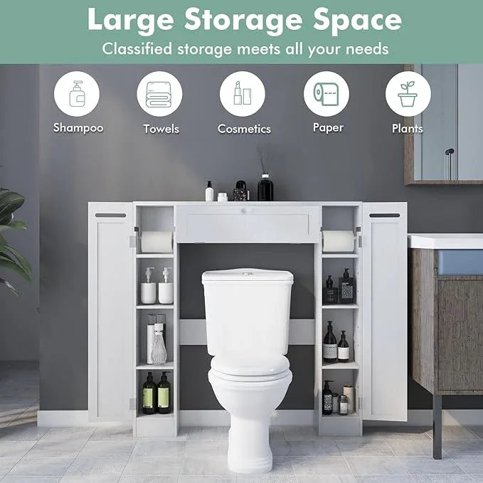 Tangkula Over The Toilet Storage Cabinet, Bathroom Space Saver Organizer with 2 Side Doors, Adjustable Shelves, Paper Holder, Freestanding Bathroom Cabinet Over Toilet for Small Space, Restroom, White - ModernBath