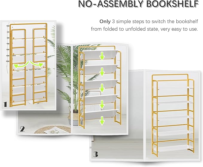 4NM No Assembly Extra Wide 5 Tiers Folding Bookshelf Storage Shelves Vintage Bookcase Standing Racks Study Organizer Home Office (White Gold)