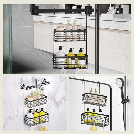 DELLAN 2-Tier Shower Hanging Caddy, Shower Rack with Hooks Over the Door, Stainless Steel Hanging Orangizer and Basket (Black) - ModernBath