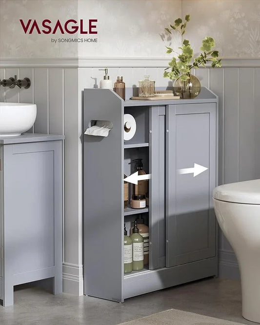 VASAGLE Narrow Storage Cabinet, Slim Floor Cabinet with Sliding Doors, Toilet Paper Holder and Brush Compartment, for Bathroom and Living Room, 7.9 x 23.6 x 31.5 Inches, Dove Gray UBBC752G02 - ModernBath
