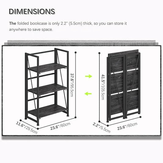 4NM No Assembly Folding Bookshelf Storage Shelves 3 Tiers Vintage Bookcase Standing Racks Study Organizer Home Office (Gray Black) - ModernBath