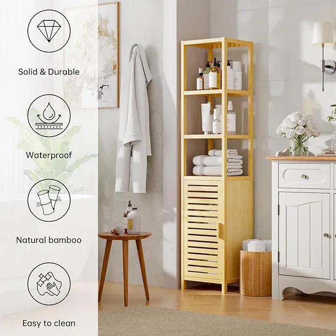 HITNET Bathroom Floor Cabinet, 6 Tier Tall Thin Linen Tower Storage Cabinet Free Standing Bamboo, Kitchen Side Organizer with 3 Shelves and Cupboard, Natural - ModernBath