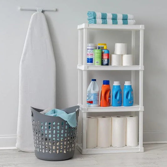 IRIS USA 4-Shelf Light Duty Plastic Storage Shelves, 200lb Capacity, 48" H x 24" W x 12" D, Medium Modular Shelving Unit Storage Organizer for Bathroom, Laundry, Garage & Home, Storage Rack - White - ModernBath