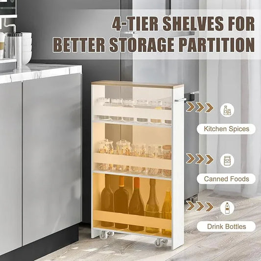 Giantex Slim Storage Cart 4 Tier, Rolling Side Cabinet w/Handle, Space Saving, Kitchen Utility Cart Tower Rack for Laundry Narrow Places (White & Brown) - ModernBath