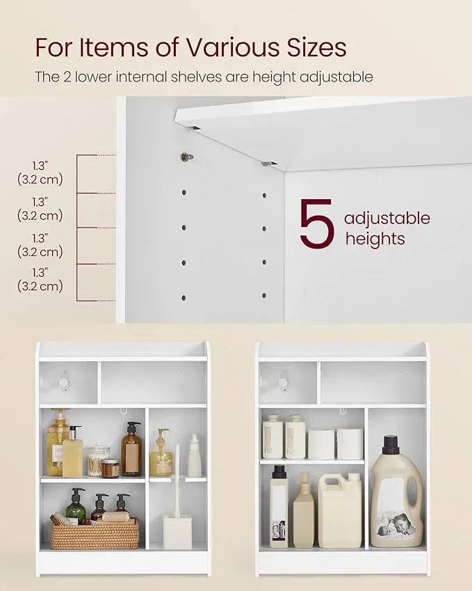 VASAGLE Narrow Storage Cabinet, Slim Floor Cabinet with Sliding Doors, Toilet Paper Holder and Brush Compartment, for Bathroom and Living Room, 7.9 x 23.6 x 31.5 Inches, Cloud White UBBC752W01 - ModernBath