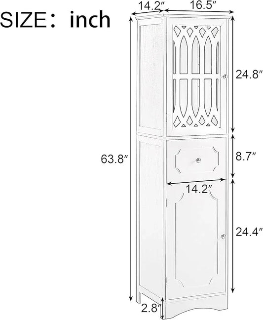Tall Bathroom Storage Cabinet with 2 Doors & Drawer, 64" H Bathroom Cabinets Freestanding, Slim Linen Cabinet with Adjustable Shelves, Narrow Linen Tower for Living Room, Laundry Room, White - ModernBath