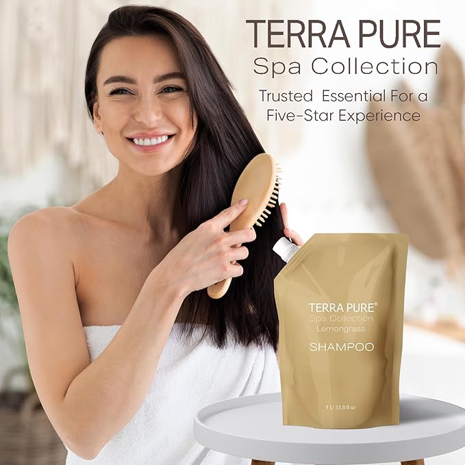 Terra Pure Spa Collection 1 Liter Shampoo Refill Bag For Soap Dispensers | Bulk Toiletries for Vacation Rentals, and Home Bathroom Showers | Green Tea Lemongrass | Set of 12