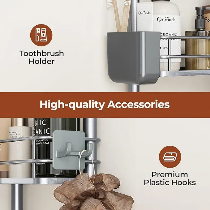 Orimade Rustproof 3 Tier Floor Standing Corner Shower Caddy Organizer with Toothbrush Holder, Large Spacing Floor Shower Shelf Rack Storage Stands with Hooks for Bathroom Kitchen, Silver - ModernBath