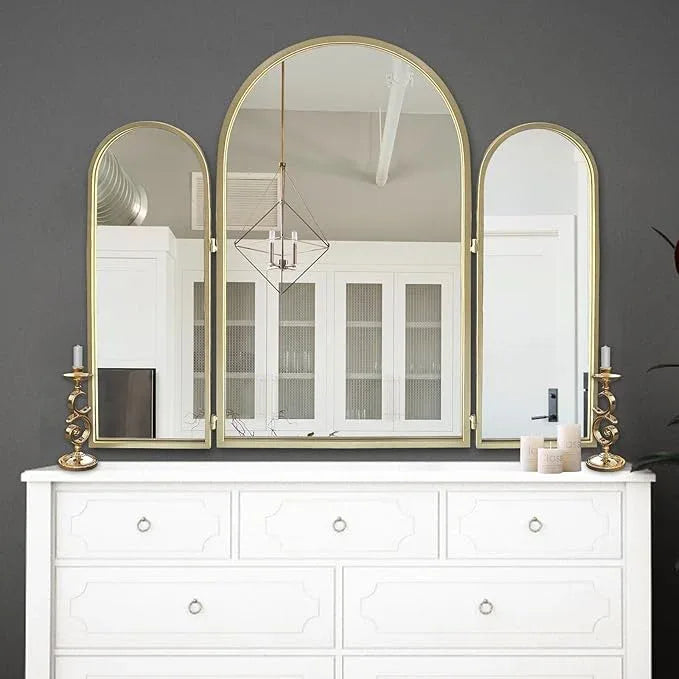 BAODANFU Trifold Vanity Mirrors 3 Way, 30 x 37in Adjustable Vanity Mirrors for Bathroom, Bedroom, Champaign Golden Arch Mirrors Wall Mounted Decoration, Braiding Hair, Makeup 360° Way - ModernBath