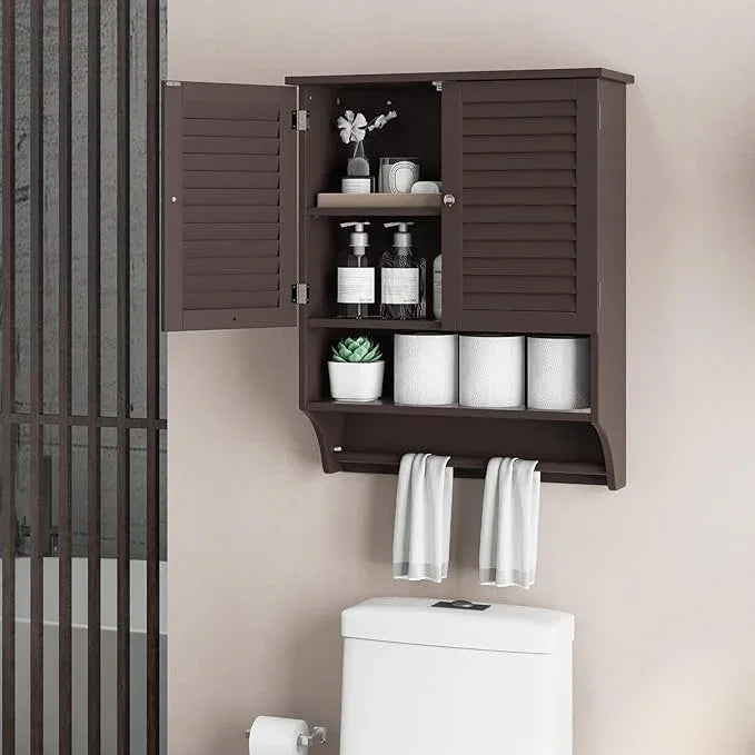 Giantex Wall Mounted Bathroom Cabinet with 2 Louvered Doors, 3-Position Adjustable Shelf, Towel Bar, Over The Toilet Space Saver, Above Toilet Hanging Medicine Cabinet (Espresso) - ModernBath