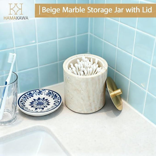 HAMAKAWA Nartural Marble Qtip Holder with Brass Lid, Beige Travertine Cotton Swab Jar, Modern Round Canister, Small Apothecary Storage Jars for Bathroom, Bedroom, Vanity, Kitchen Cabinet - ModernBath