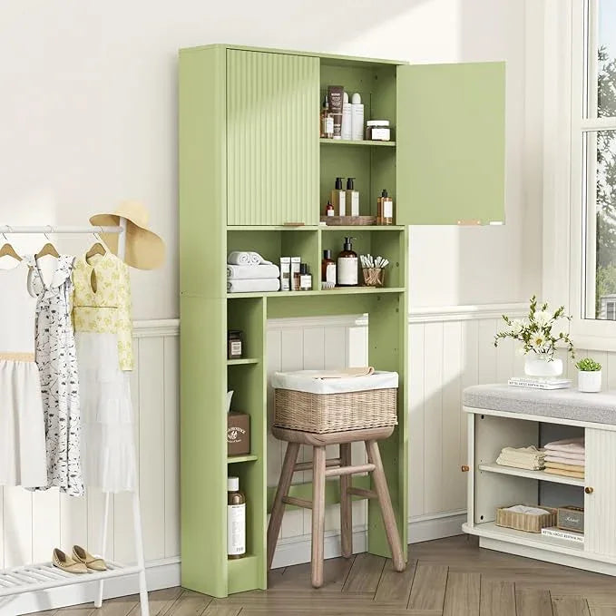 31" W Over The Toilet Storage Cabinet with Fluted Door, Green Bathroom Organizer with Adjustable Shelf, 67''H Tall Natural Toilet Paper Holder Stand Wave Door for Restroom, Laundry Room - ModernBath
