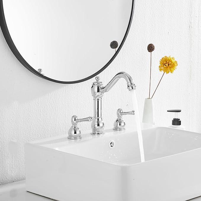 GGStudy 2 Handles 3 Holes Faucet Widespread Bathroom Sink Faucet Basin Tap Mixer Supply Hose Included Matching Pop Up Drain Polished Chrome - ModernBath